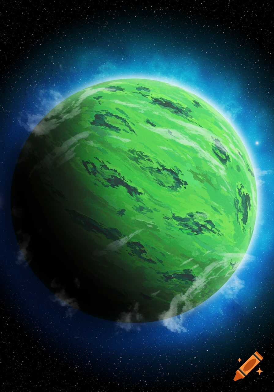 A green planet in space with a blue atmosphere and stars.