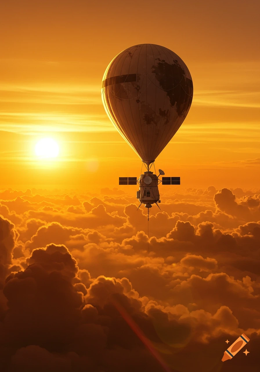 A satellite-balloon hybrid is flying over clouds at sunset