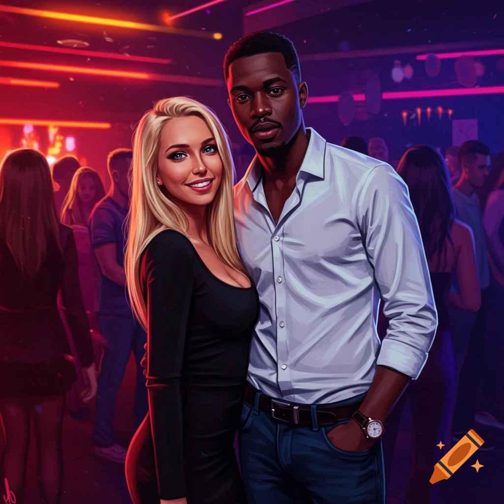 A blonde woman and a black man posing together in a vibrant nightclub.