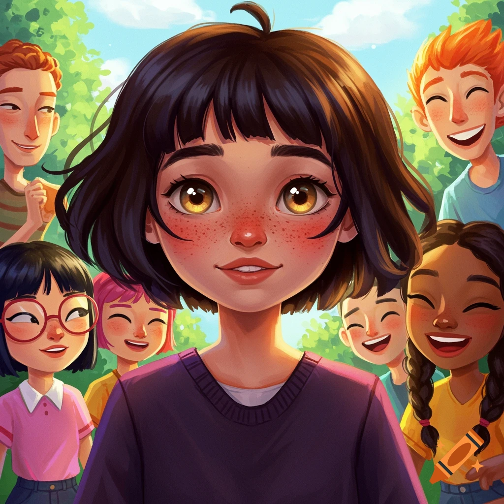A diverse group of happy children in a vibrant outdoor setting in a cartoonish style.