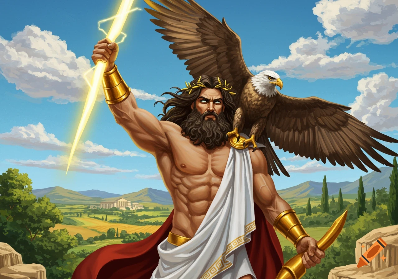 Zeus holding a lightning bolt with an eagle on his shoulder against a classical landscape.