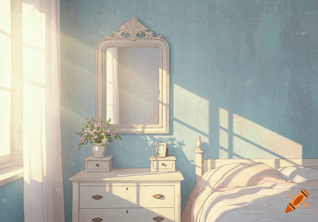 Sunlit bedroom interior with a mirror, dresser, and bed.