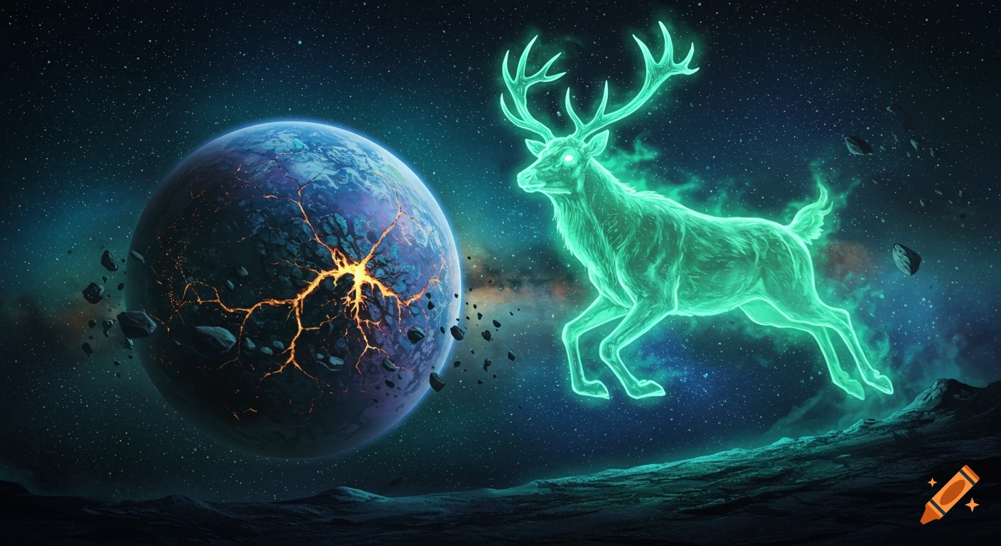 A glowing green elk charging a cracked planet in space.