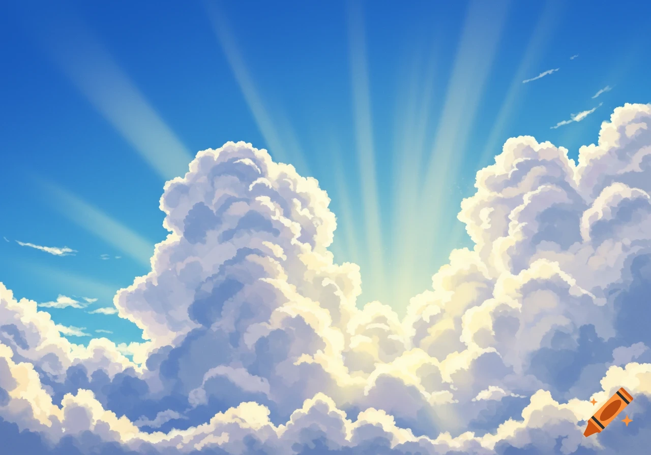 A vibrant blue sky with billowy clouds and sunlight breaking through.