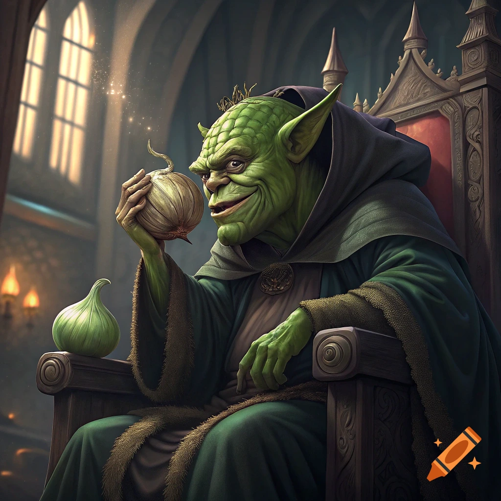 A green creature resembling Yoda sits on a throne, holding an onion.