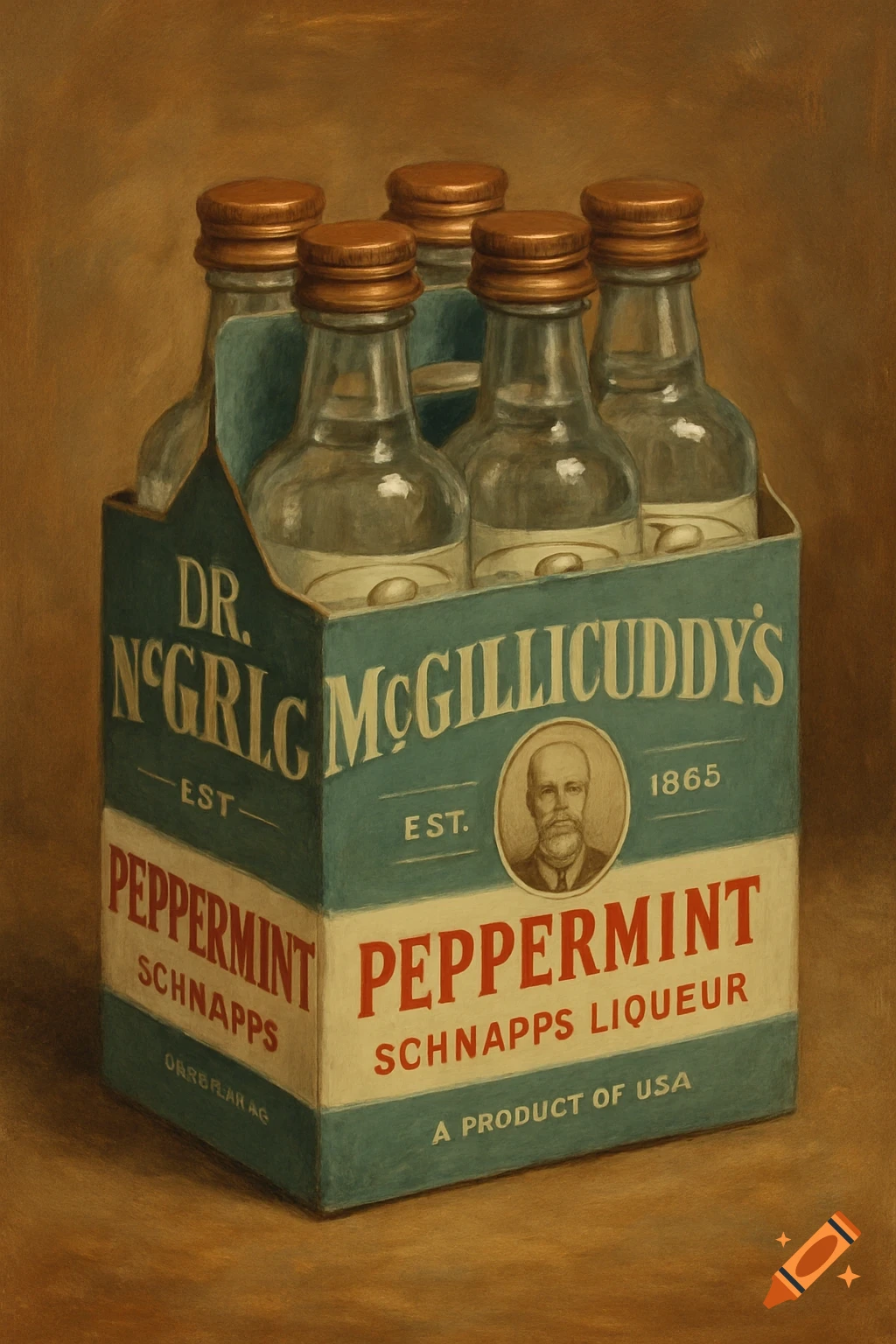 A six-pack carrier holding small bottles of Dr. McGillicuddy's Peppermint Schnapps Liqueur.
