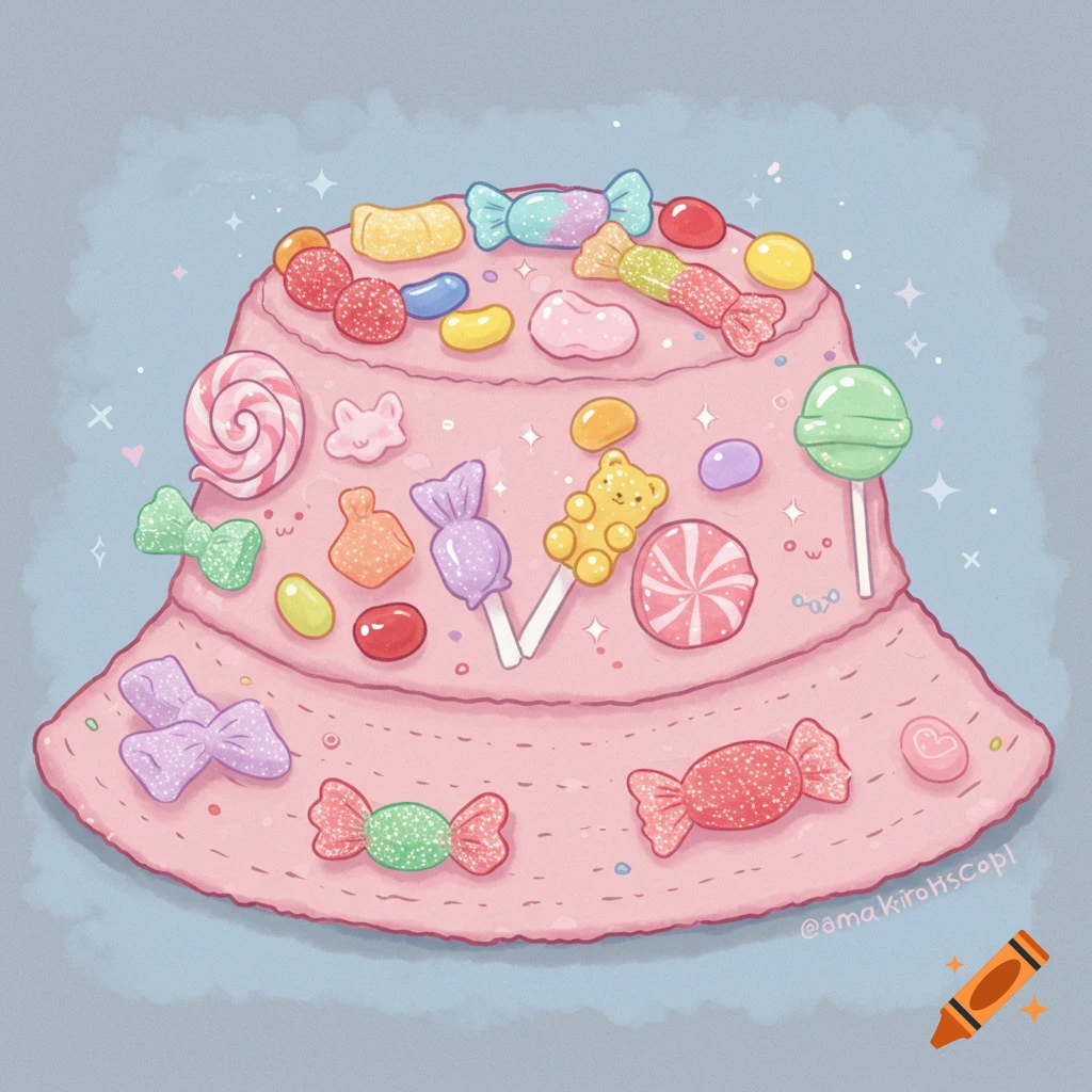 A pink bucket hat is covered in a colorful assortment of candies and sparkles.