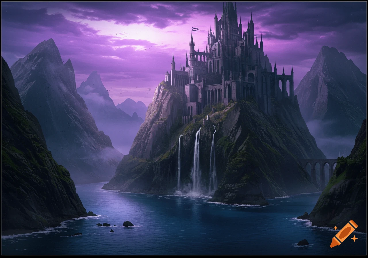 A dark fantasy castle stands on a mountain overlooking the ocean under a purple sky.