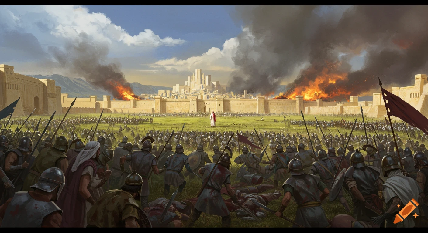 A vast ancient army faces a solitary robed figure before a burning walled city.