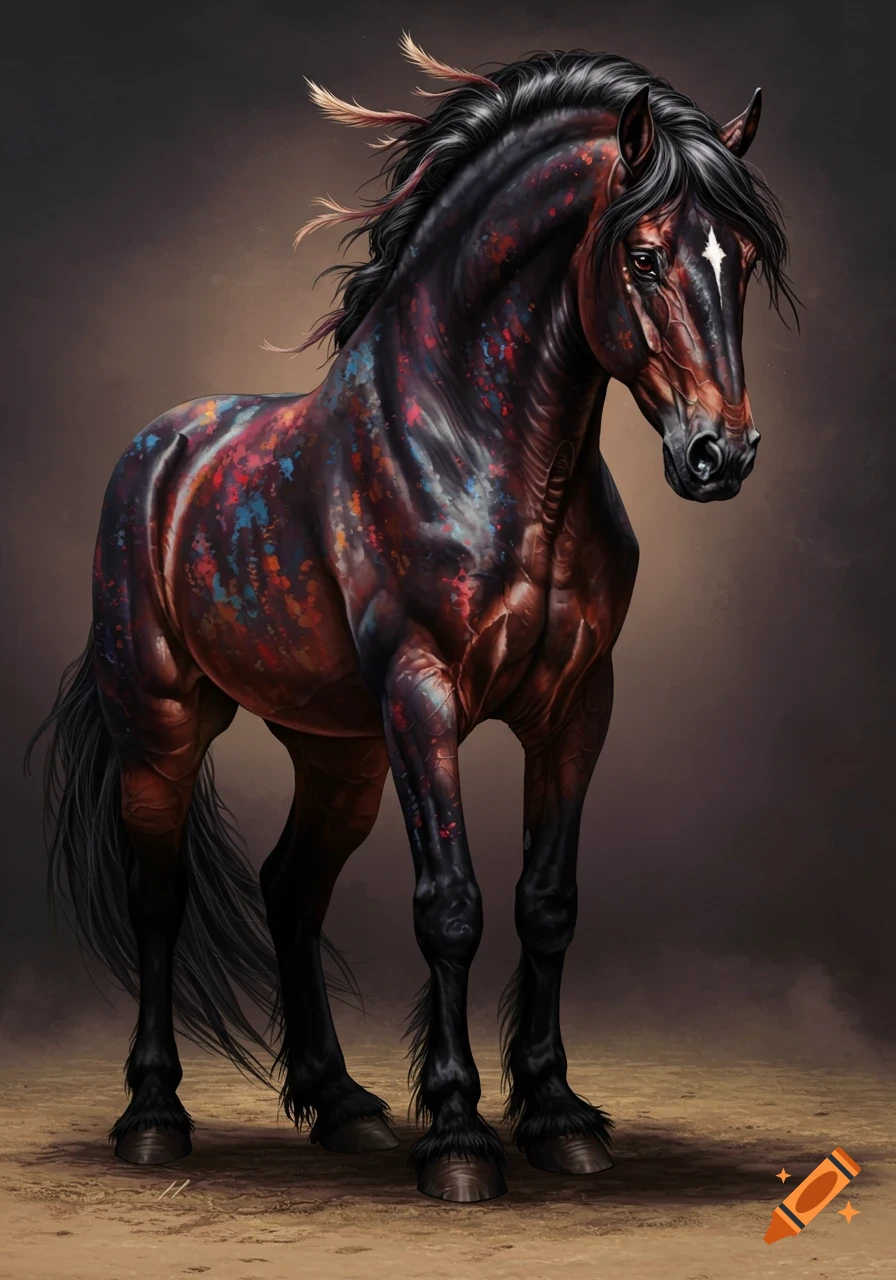 A dark horse is covered in colorful splotches.