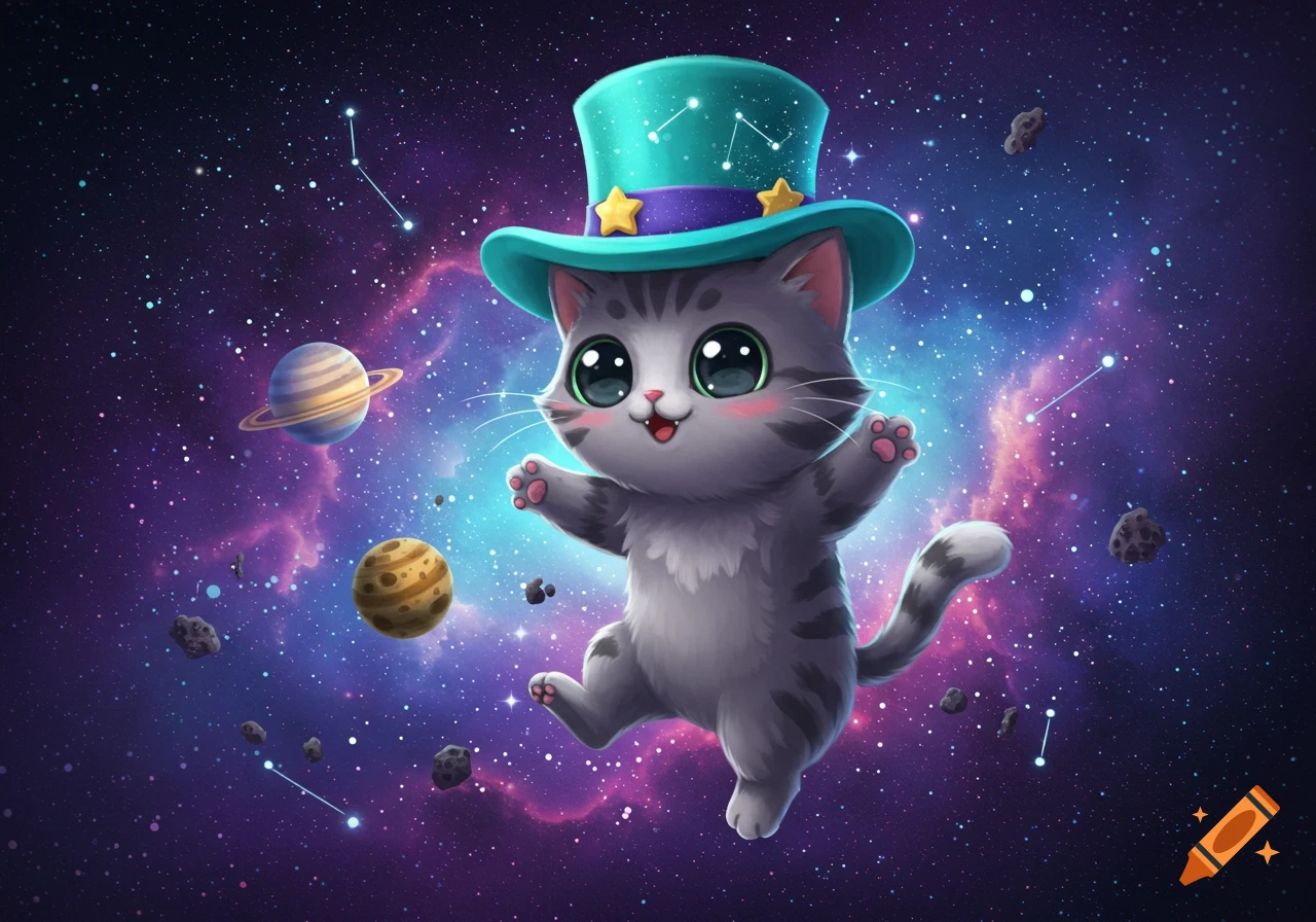 A cute cartoon cat wearing a cyan hat floats in space with planets and stars.