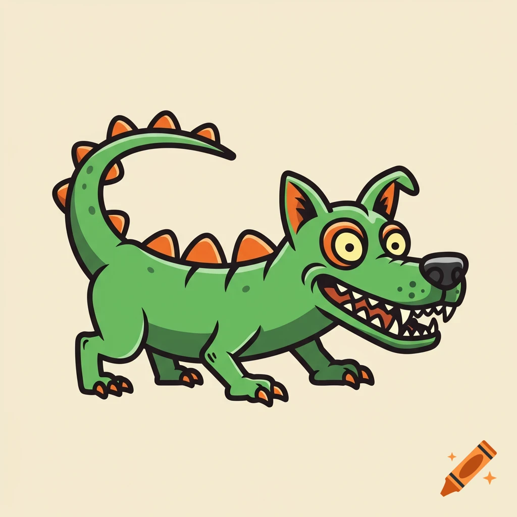 A green cartoon dog with spikes, sharp teeth, and big eyes.
