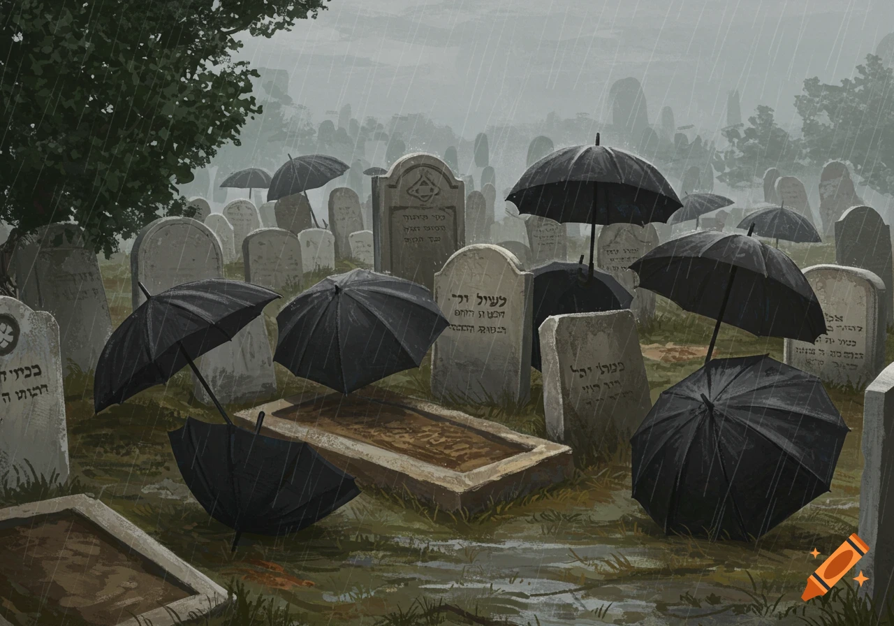 A rainy day in a cemetery with open umbrellas among tombstones.