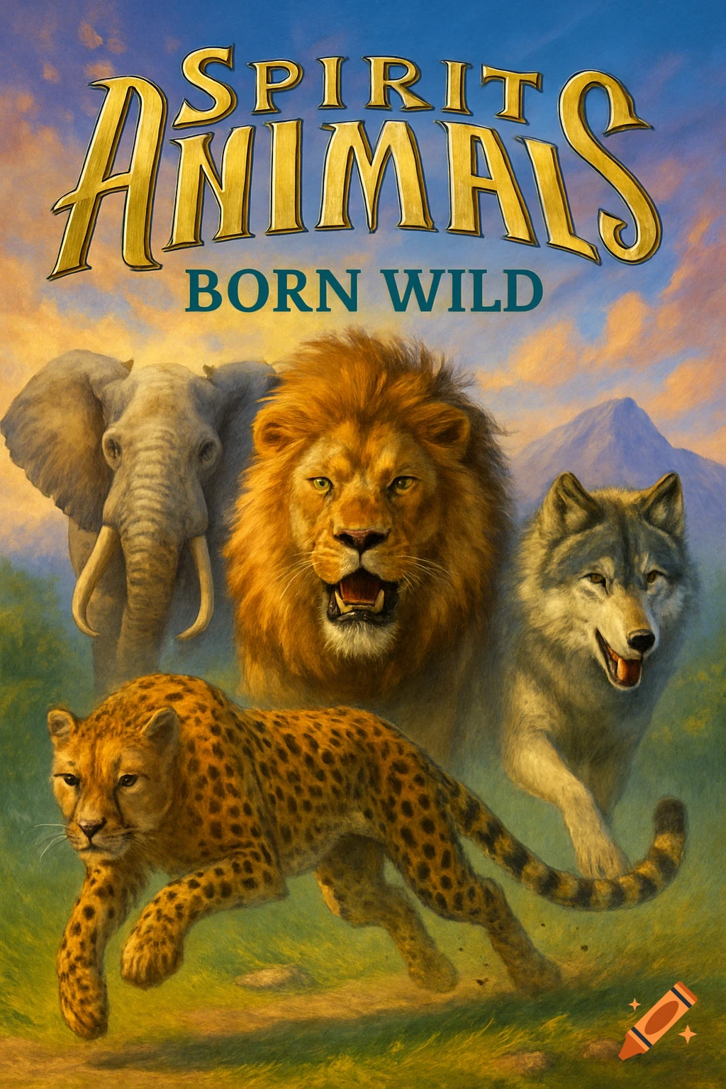 An image of an elephant, lion, wolf, and cheetah with the title Spirit Animals Born Wild.