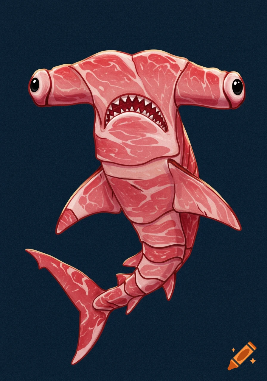 A hammerhead shark made of raw ham against a dark background.