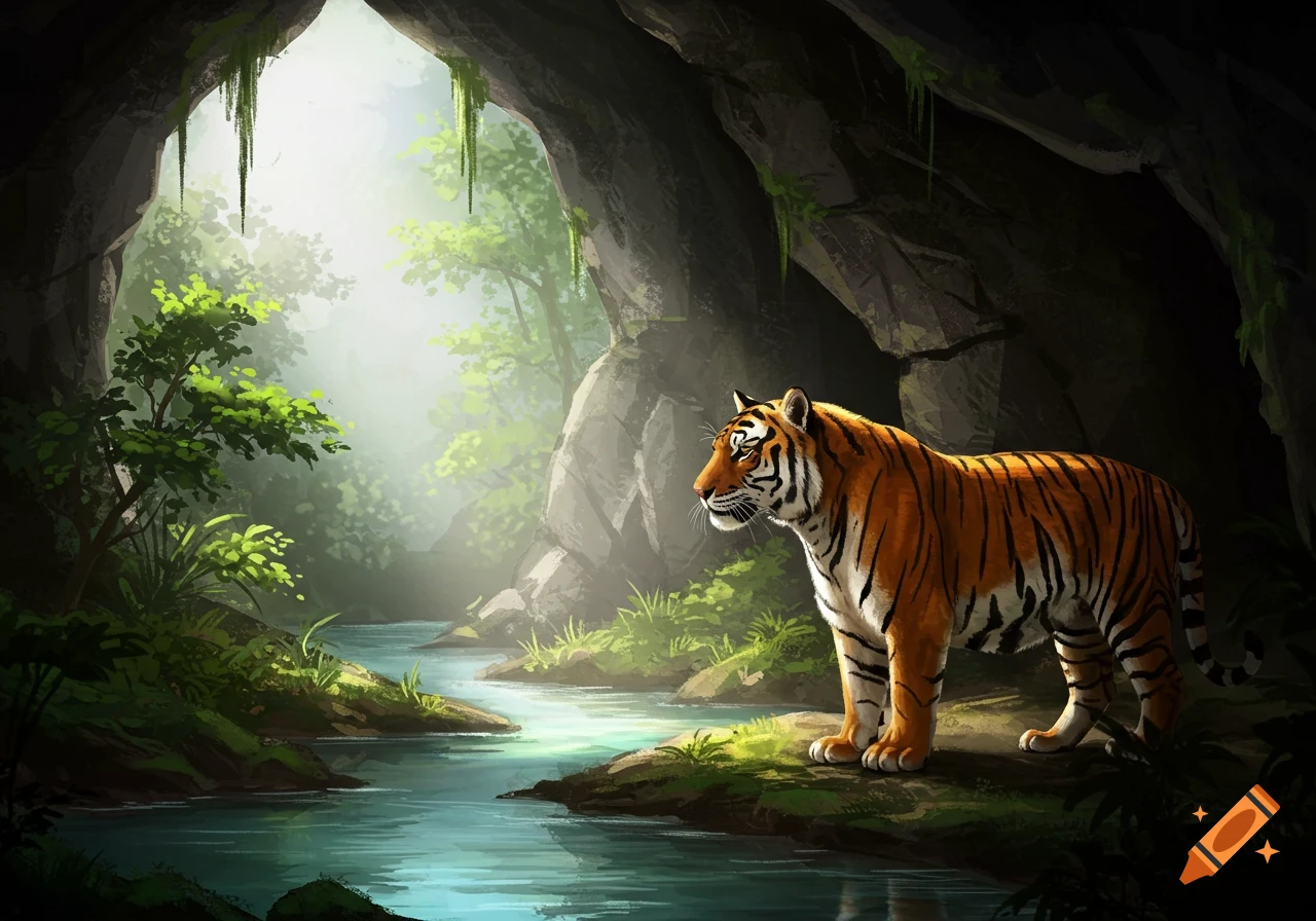 A tiger standing by a river at the mouth of a cave, with sunlight streaming through trees.