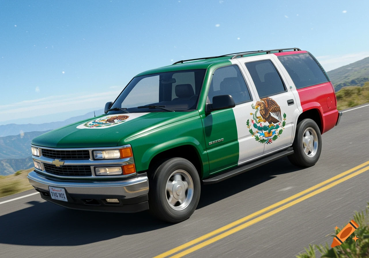 Photorealistic image of a Chevrolet Tahoe SUV with the Mexican flag paint scheme driving on a road.