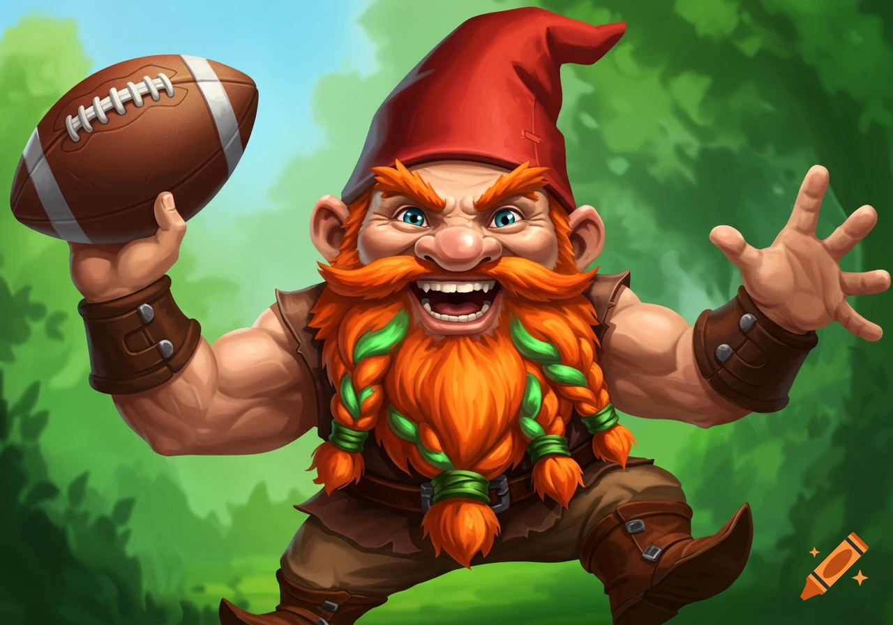 A fierce laughing gnome in a red hat holds a football in a dynamic scene.
