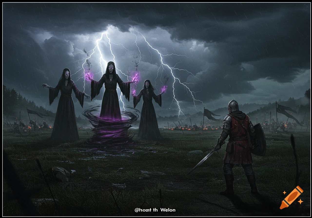 Three witches casting spells during a storm, facing a knight on a battlefield.