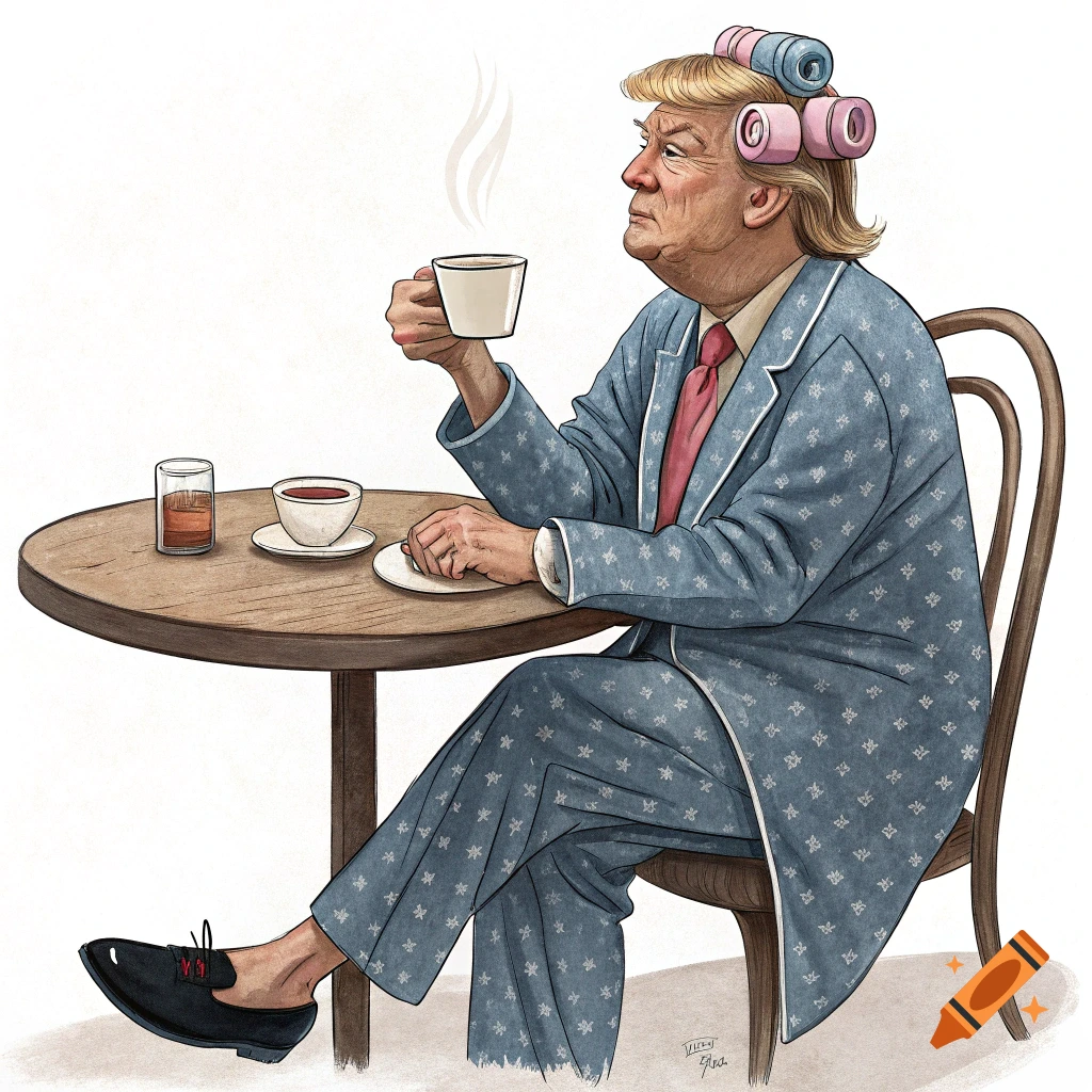 Illustration of Donald Trump in pajamas and hair rollers drinking coffee at a table.