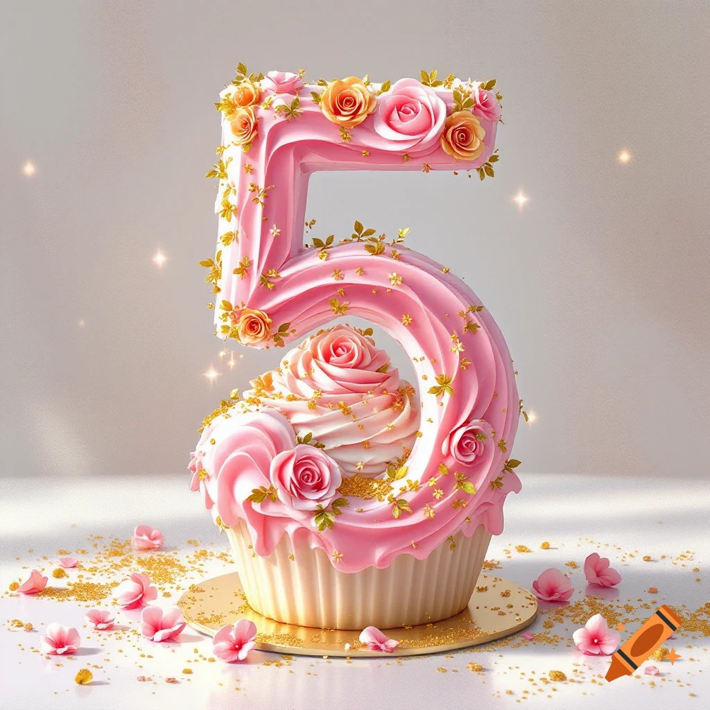 A pink number 5 cake shaped like a cupcake, decorated with roses, gold leaves, and sprinkles.