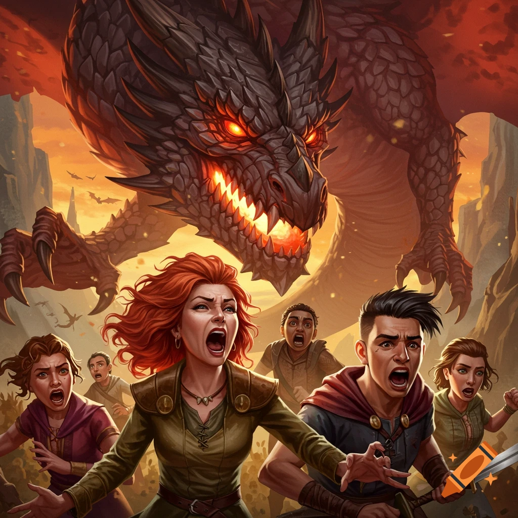 People scream in terror as a giant dragon looms over them in a rocky landscape.
