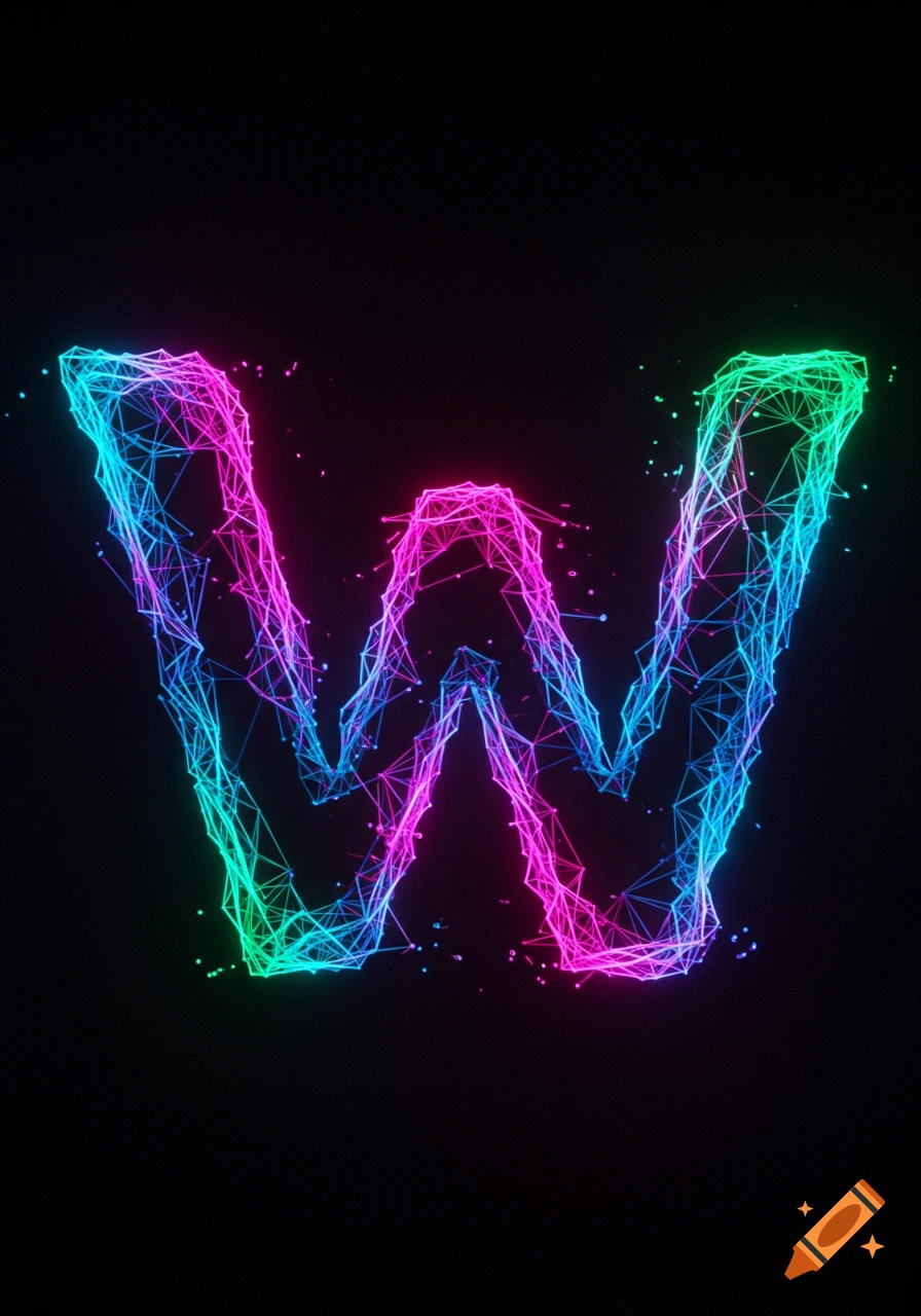 A glowing, abstract letter W formed by connected blue, pink, and green lines against a black background.