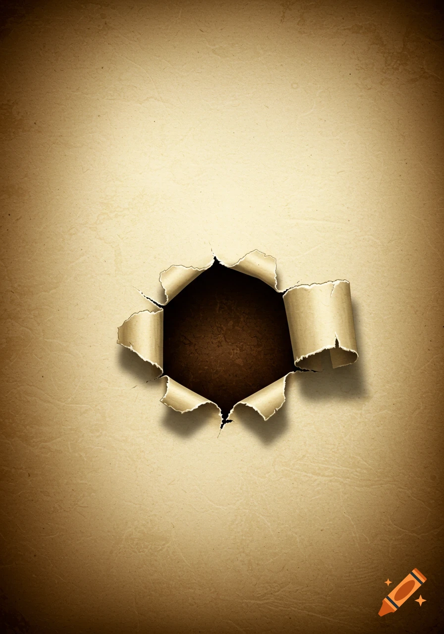 Old parchment paper with a torn hole