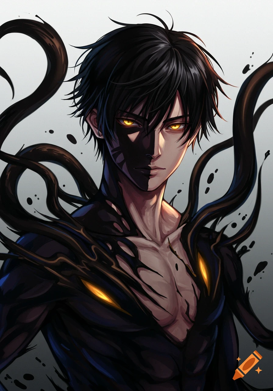 Anime illustration of a man with dark hair, golden eyes, and shadowy tendrils covering half his face and body.