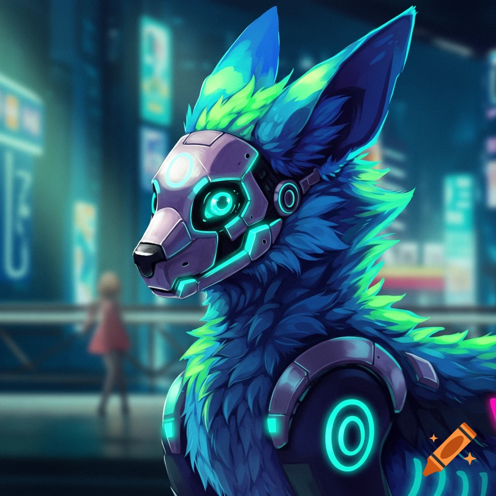 A protogen character with glowing blue and green fur and cybernetic mask in a cyberpunk city.