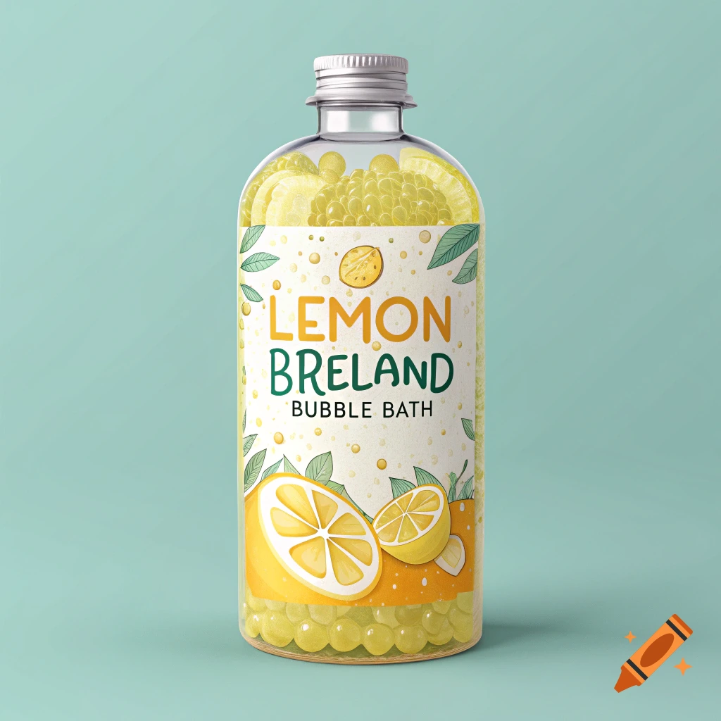 A bottle of lemon breeland bubble bath on a light background.