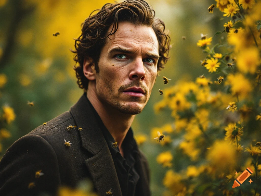 A photorealistic portrait of a man surrounded by yellow flowers and flying bees.
