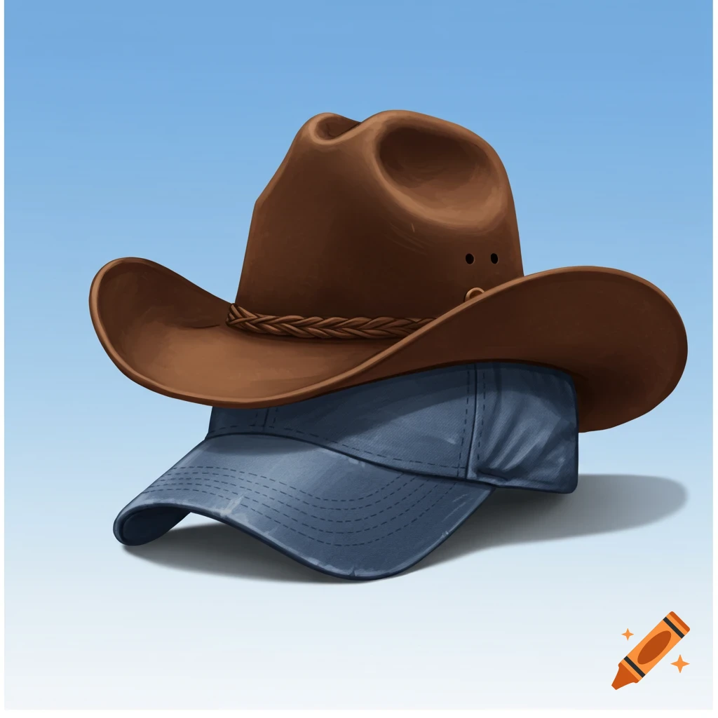 A brown cowboy hat is stacked on a blue baseball cap.