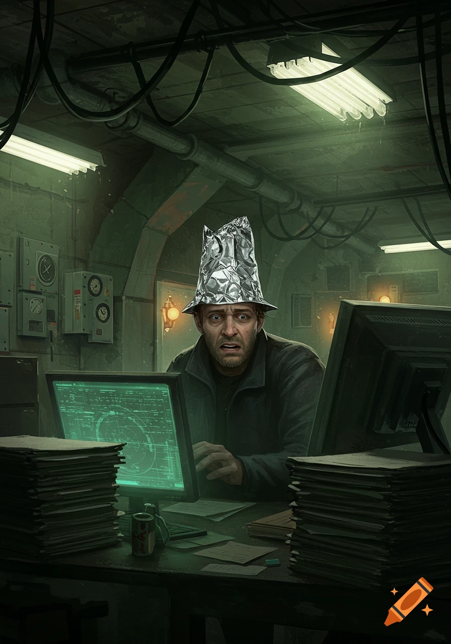 A scared man wearing a tin foil hat sits at computers in a dark underground bunker.