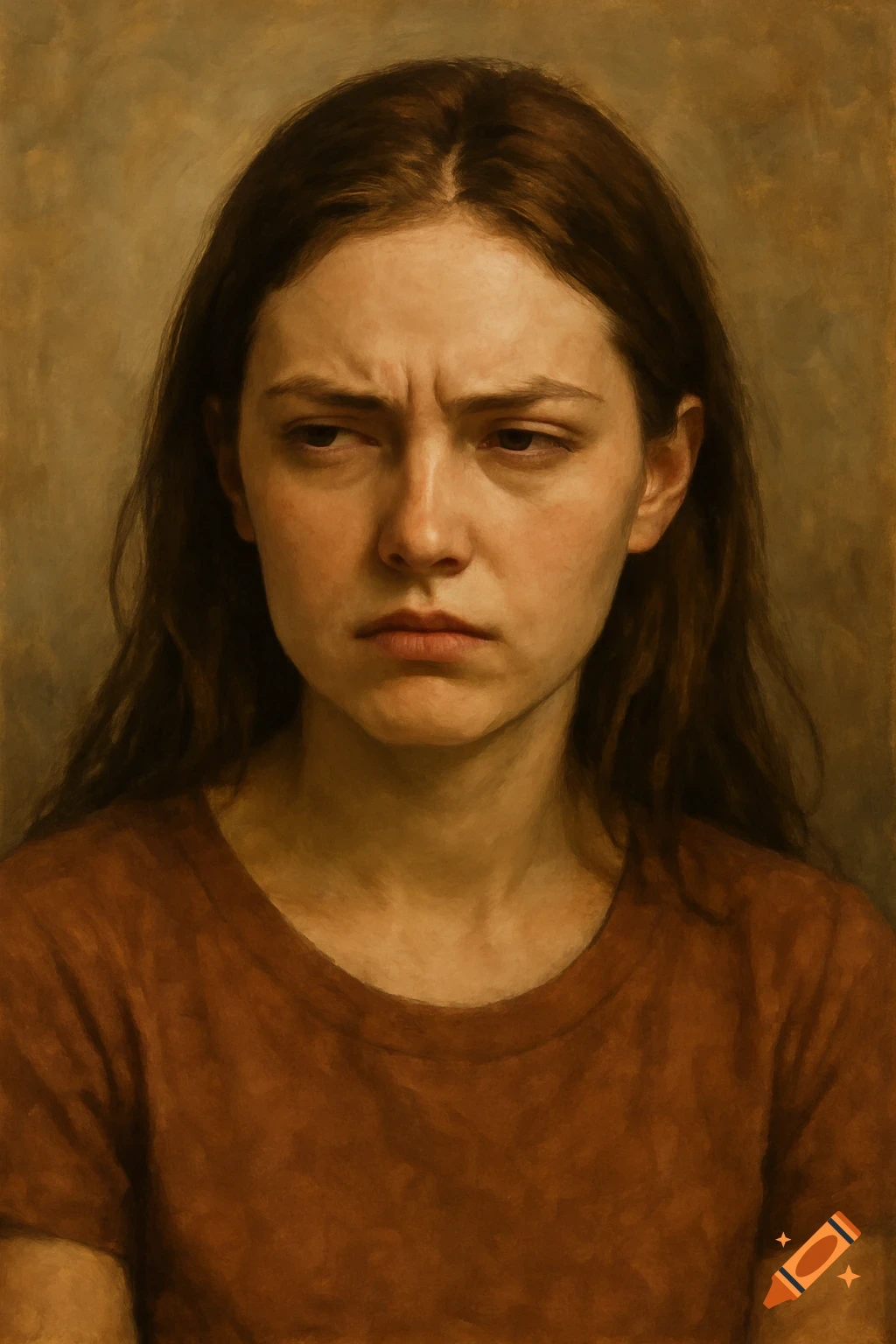 A young woman with a furrowed brow looking away.