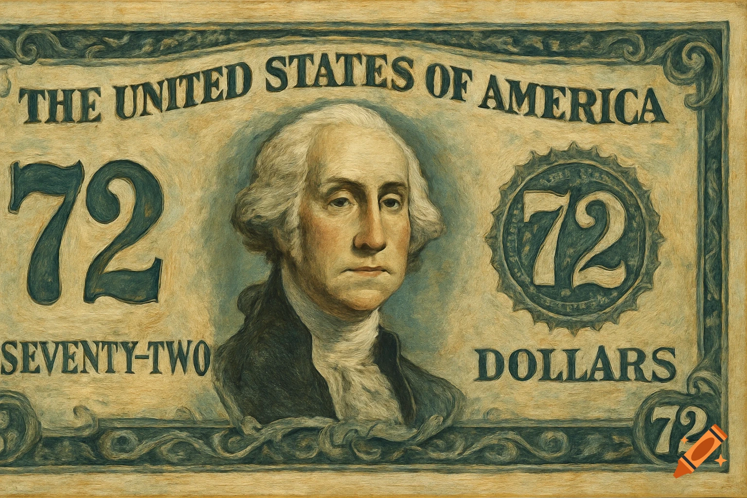 A fictional 72 dollar bill featuring a portrait of George Washington.