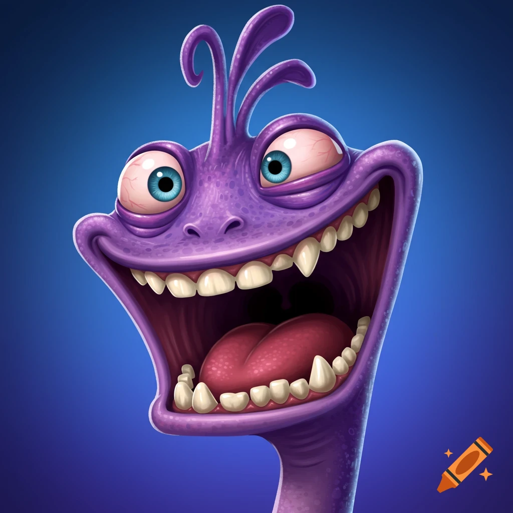 A close-up of a purple cartoon monster with large bug eyes and a wide open mouth full of teeth.