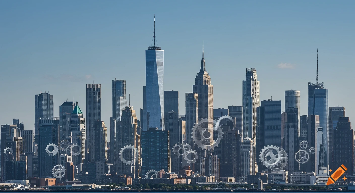 City skyline with large gears integrated among the skyscrapers