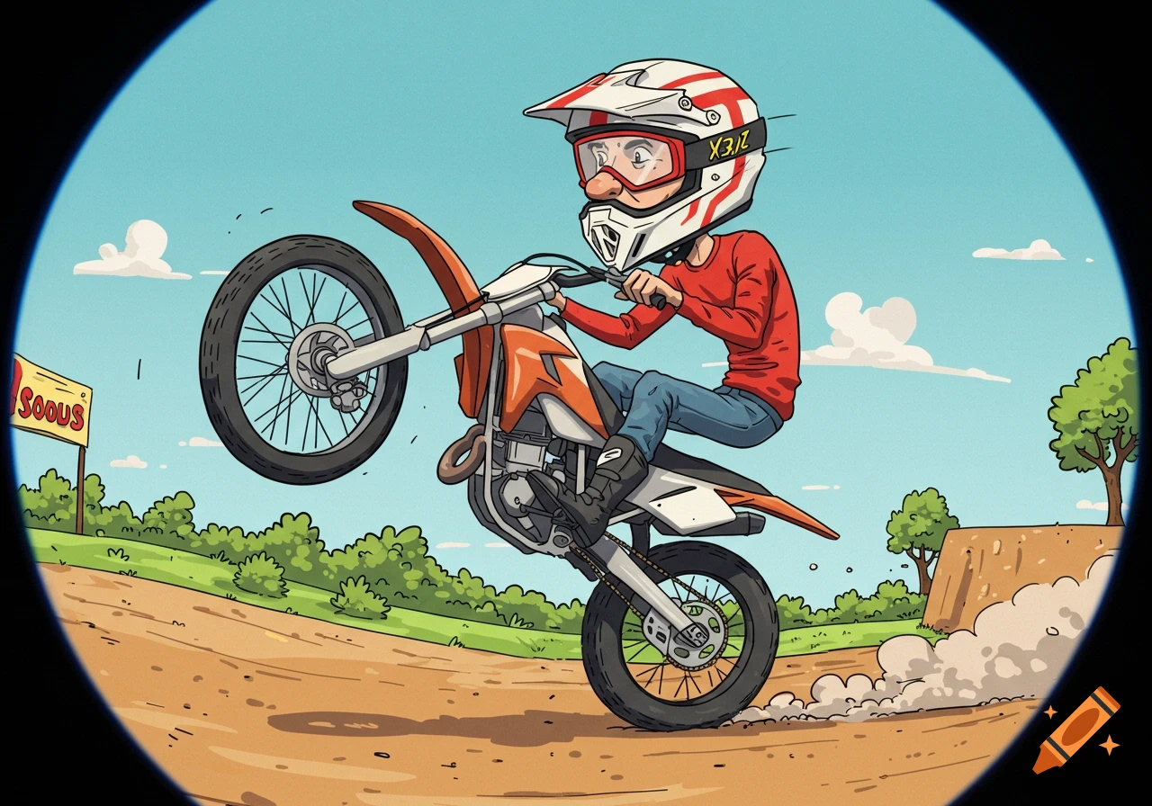 Cartoon illustration of person doing a wheelie on a dirt bike with oversized helmet, fisheye perspective.