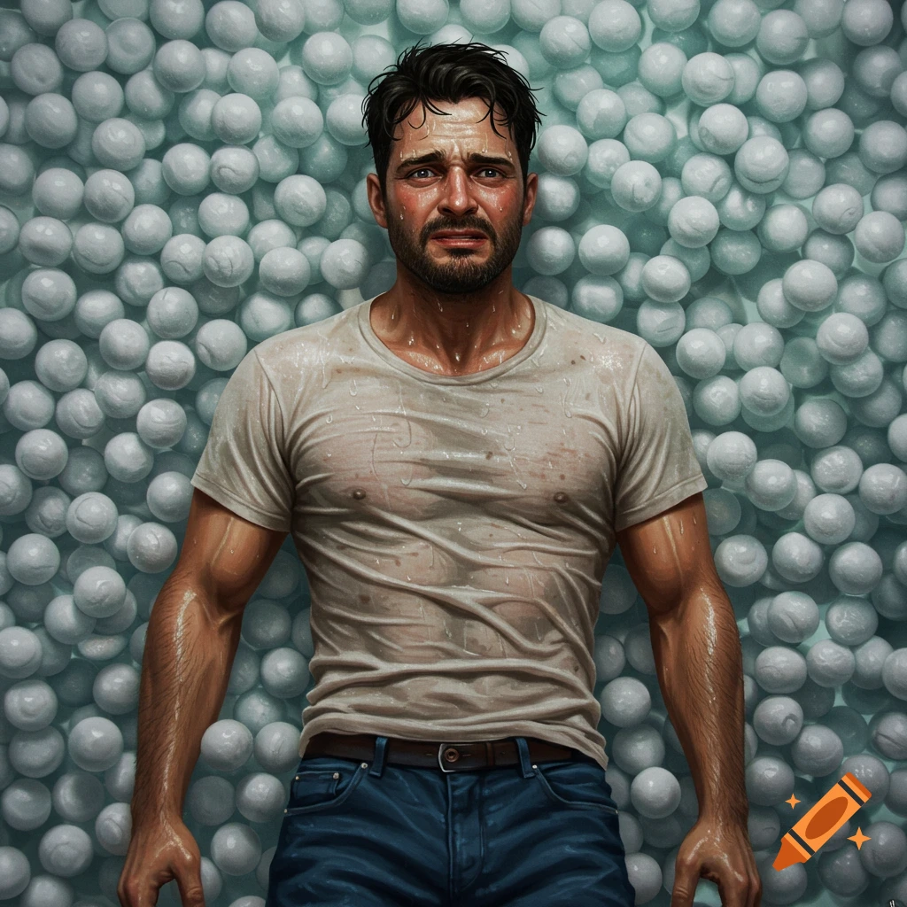 A distressed man looking upset, sweating and wet, surrounded by white balls.