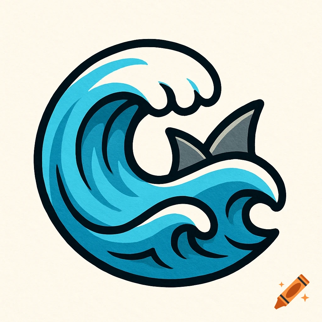 Cartoon logo of a stylized blue wave with a gray shark fin