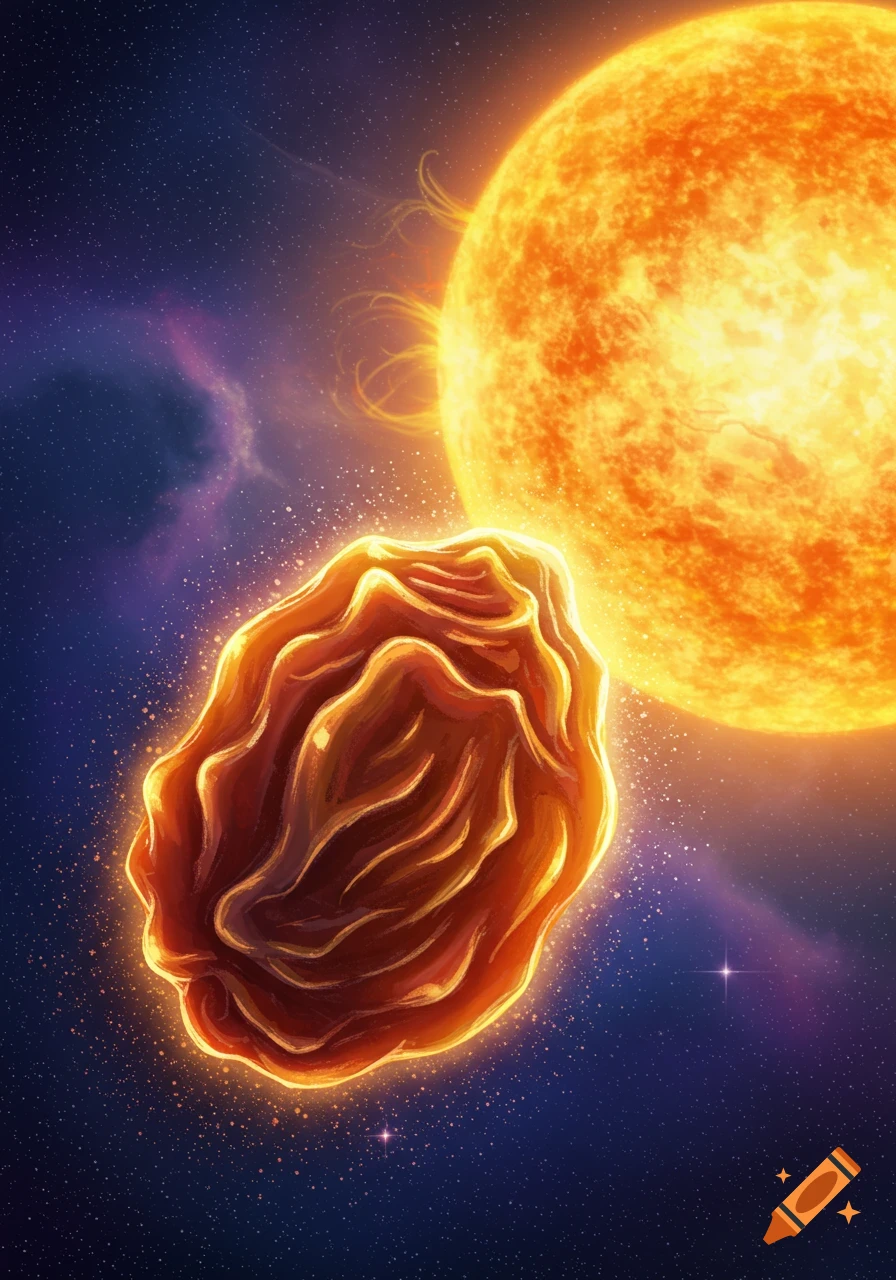 A raisin-like object near a sun in space.