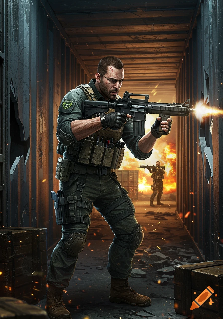 A soldier in tactical gear fires a rifle in a destroyed corridor.