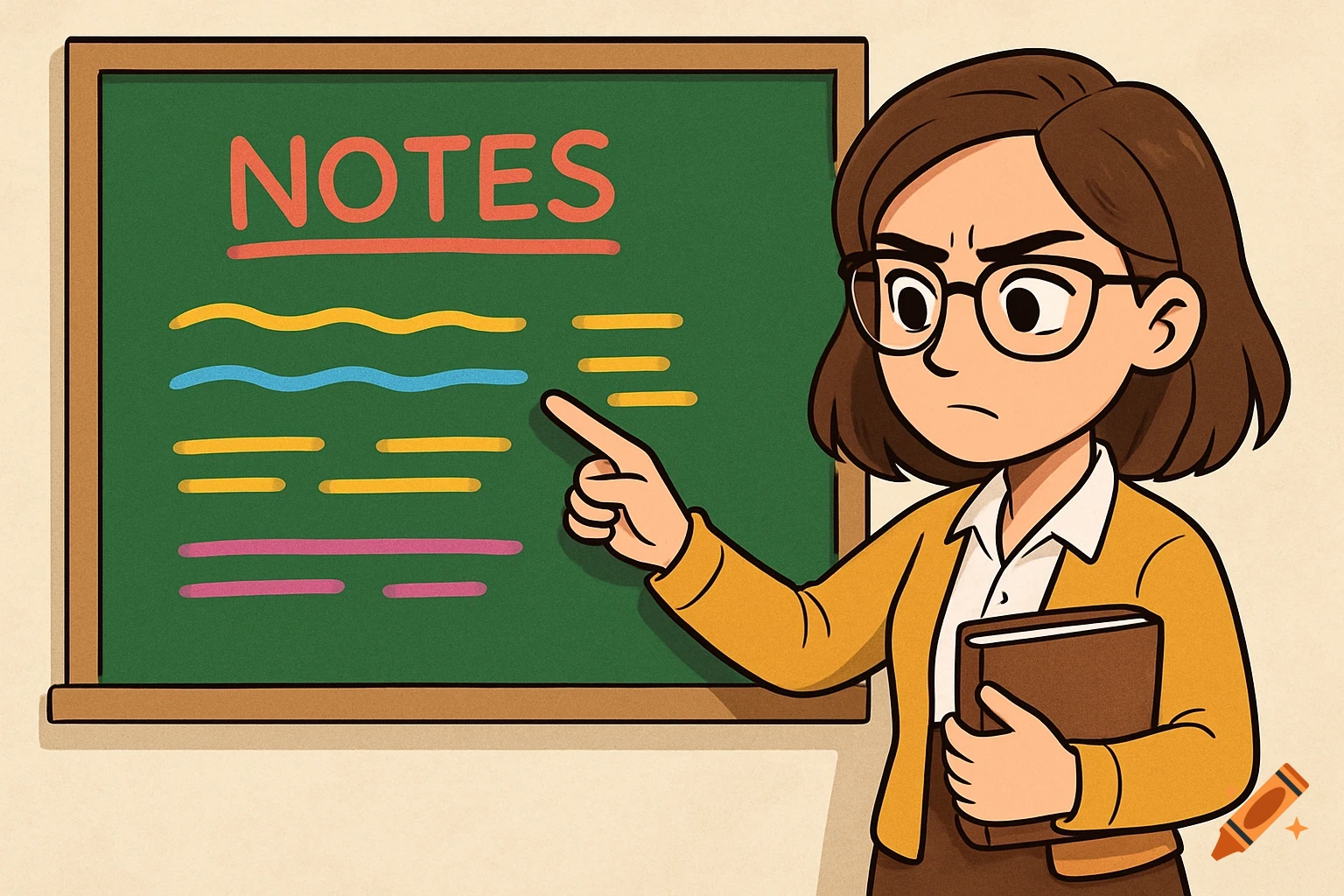 Cartoon teacher points at a blackboard with notes.