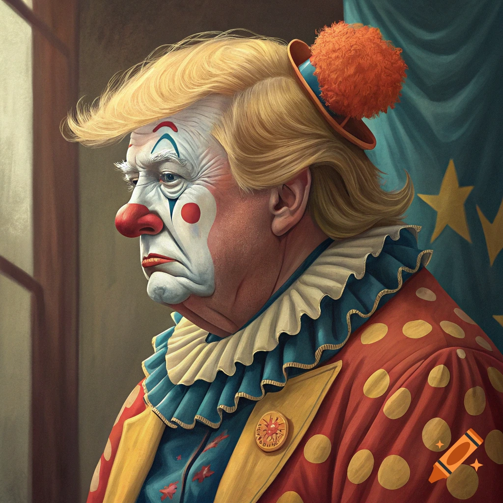 Illustration of a person resembling Donald Trump dressed as a clown.