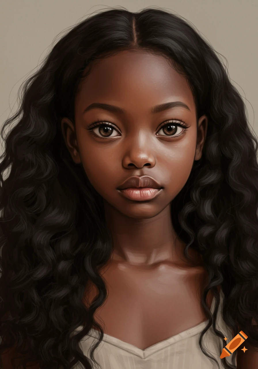 A young Black girl with long dark wavy hair and brown eyes looking forward.