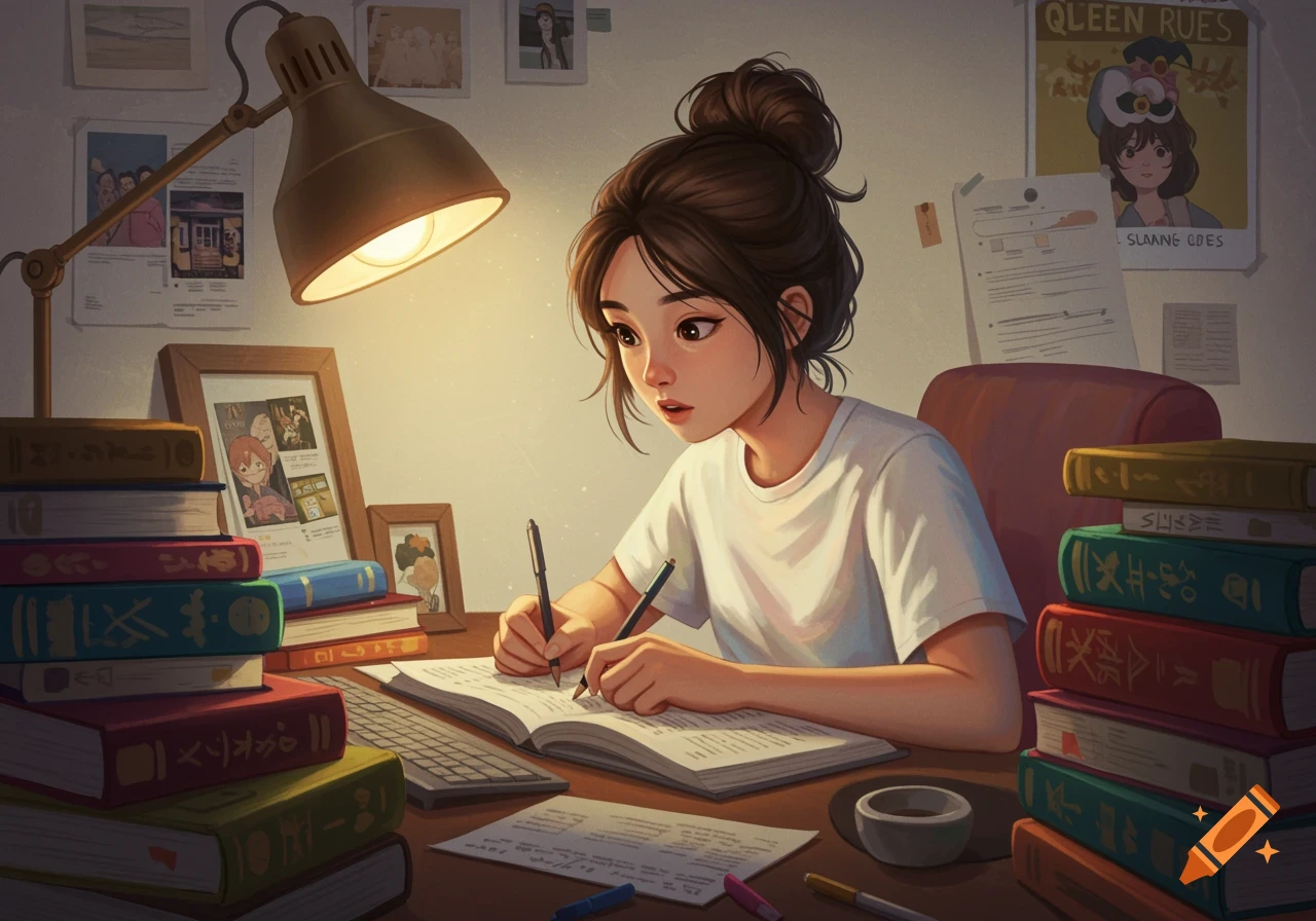 A young woman studies at a desk surrounded by books under a lamp.