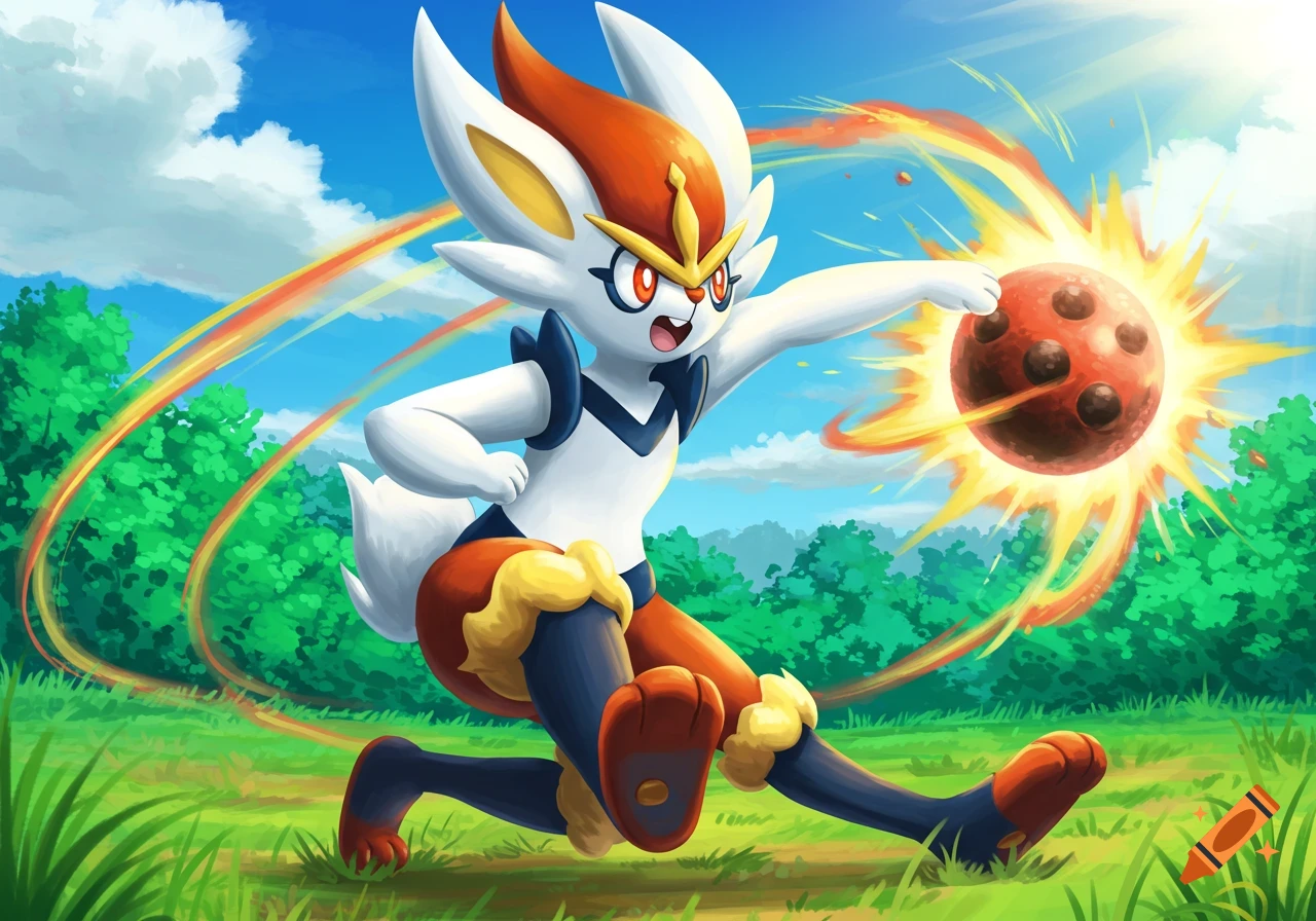 Cinderace kicking a fiery soccer ball in a field