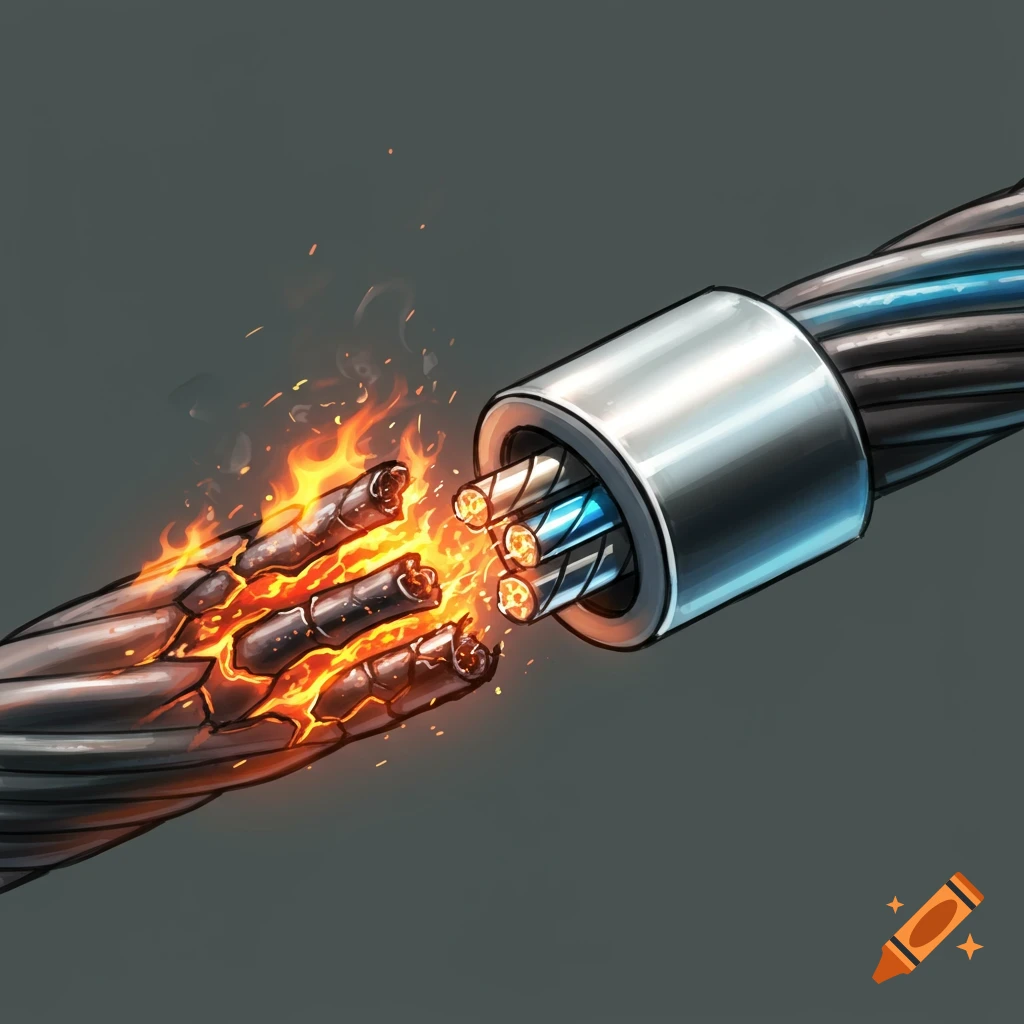 Digital illustration of a burning, frayed electrical cable next to a clean one.