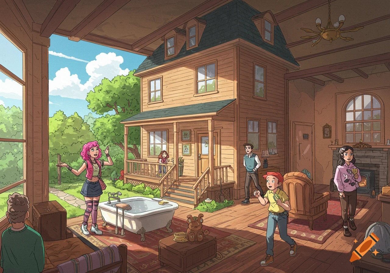 Cartoon illustration of a diverse family group arriving at a wooden house, with some inside exploring and others in the yard.